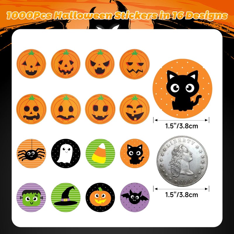 Anwyll Halloween Stickers 1000Pcs 1.5Inch Cute Happy Halloween Stickers for Adult Kid Self-Adhesive Halloween Pumpkin Ghost Bat Spider Gift Party Stickers Roll Halloween Envelope Seals Labels Stickers - Image 2